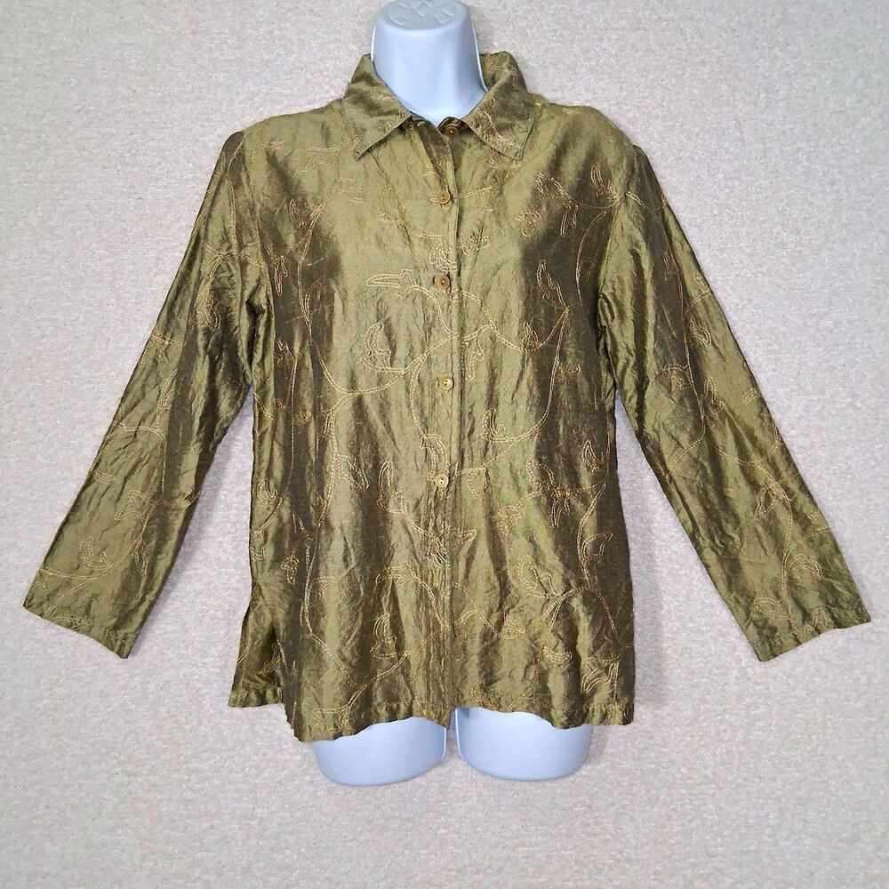 Jaclyn Smith Classic Olive Green Embroidered Silk Blend Top Sz S Retro Classic